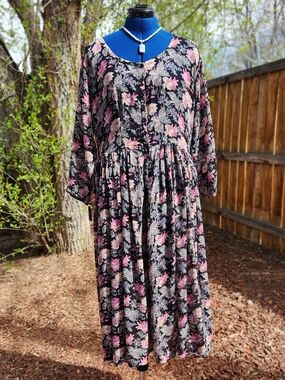 Vintage 90s Starina Sheer Floral Rayon Midi Dress Size M